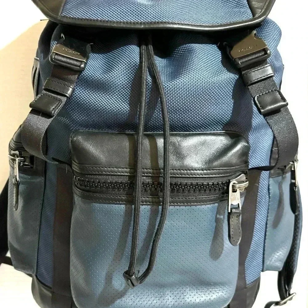 Coach unisex navy blue black leather nylon backpack